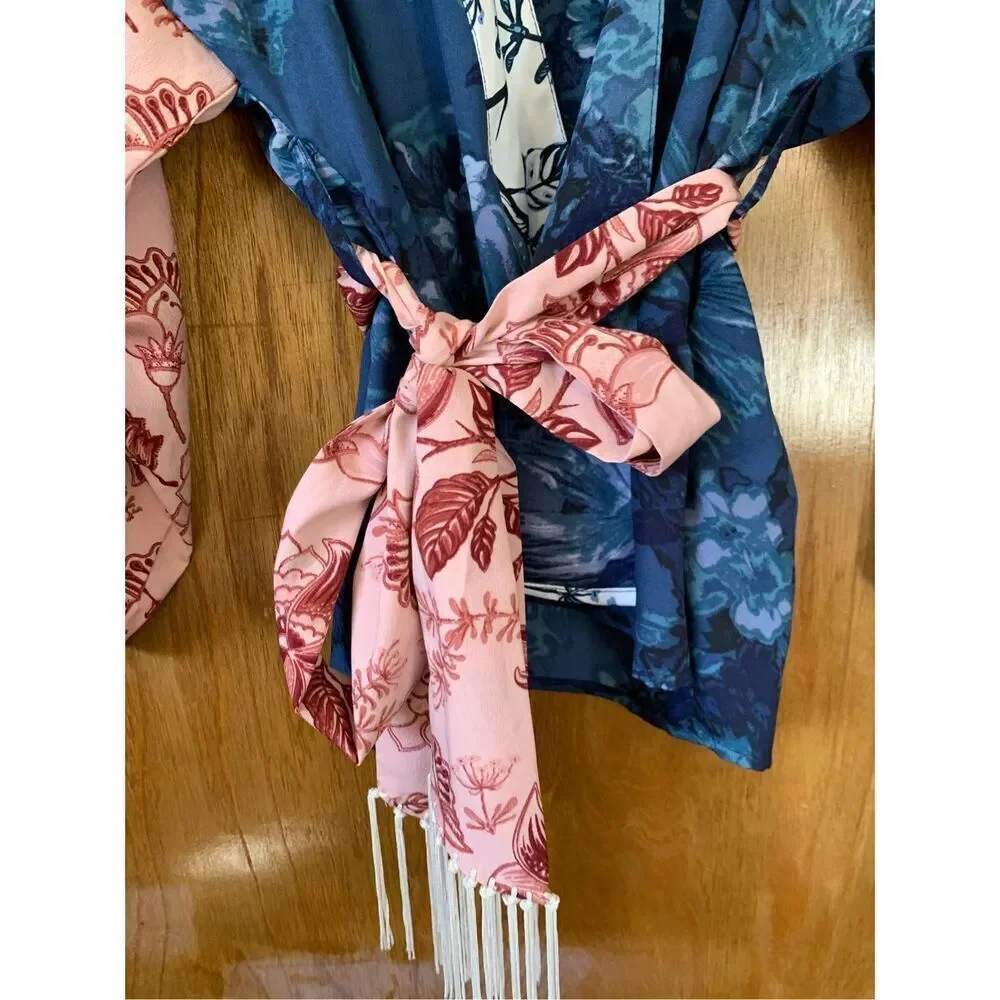 Anthropologie Tori Floral Cropped Belted Kimono Blue Multi One Size - Picture 9 of 13